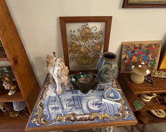 tile top table with antique sewing machine base