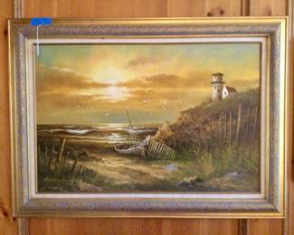 Vintage Seaside Lighthouse Painting