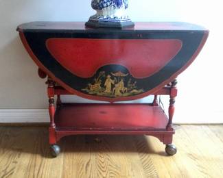 Asian Theme Rolling Drop Leaf Tea Cart Red/Black