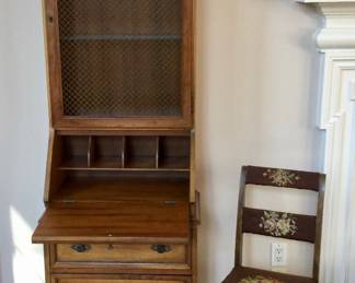 24" Wide Vintage Drop Down Secretary w/Wire Door Hutch by Sanford