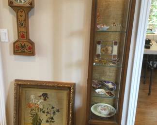 Lighted Curio Cabinet, Folk Art Wall Clock, Vintage Framed Art