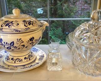Royal Sealy Blue White Soup Tureen American Brilliant Glass Jar