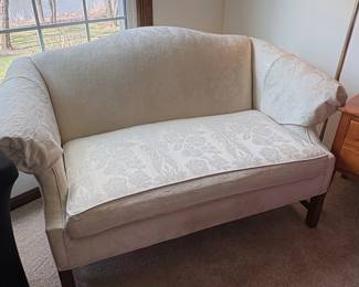 Vintage Camelback Loveseat with Damask Upholstery