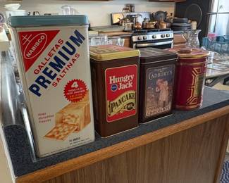 Collection of Vintage Tins Nabisco Premium Saltinas, Hungry Jack Pancake Mix, Cadburys Milk Chocolate, Velvet Pipe and Cigarette Tobacco