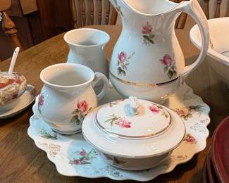 Vintage Pink Rose Pattern Pitcher and Basin Set with Lidded Dish and Vase second image