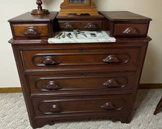 Victorian Walnut Bachelors Chest with Marble Insert and Clock second image