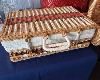 Vintage Woven Wicker Picnic Basket with Red and White Geometric Pattern