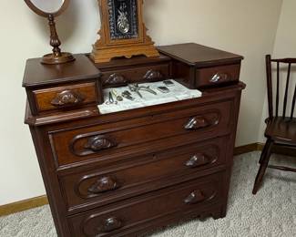 Victorian Walnut Bachelors Chest with Marble Insert and Clock
