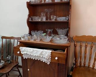 Vintage Maple Hutch with Assorted Glassware