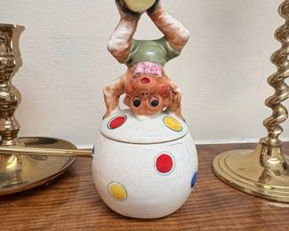 Vintage Jester Figural Polka Dot Ceramic Jar  Made in Japan