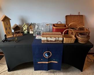 Assorted Wicker Picnic Baskets and Glass Vases