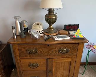 Antique Oak Washstand with Ornate Brass Pulls
