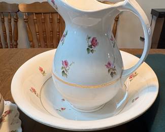 Vintage Pink Rose Pattern Pitcher and Basin Set with Lidded Dish and Vase