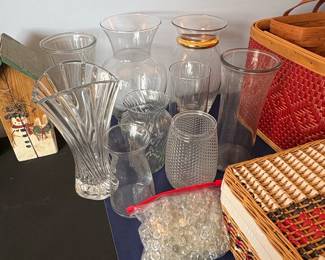 Assorted Glass Vases and Decorative Baskets