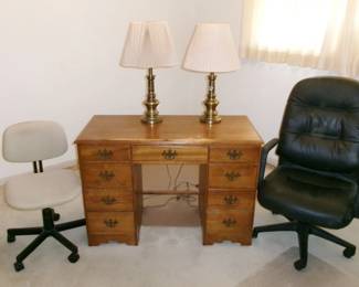ladies desk, office chairs, and pair of brass lamps