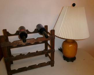 wood wine rack and ceramic lamp