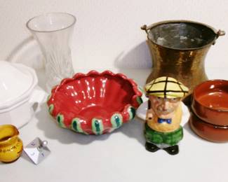 ceramic, brass, and glass items
