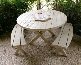 wood patio table and decor
