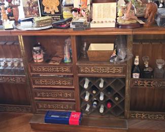 Vintage Bar Cabinet w/ Fold-Out Sides Carved wood • Built-in wine rack • Storage drawers