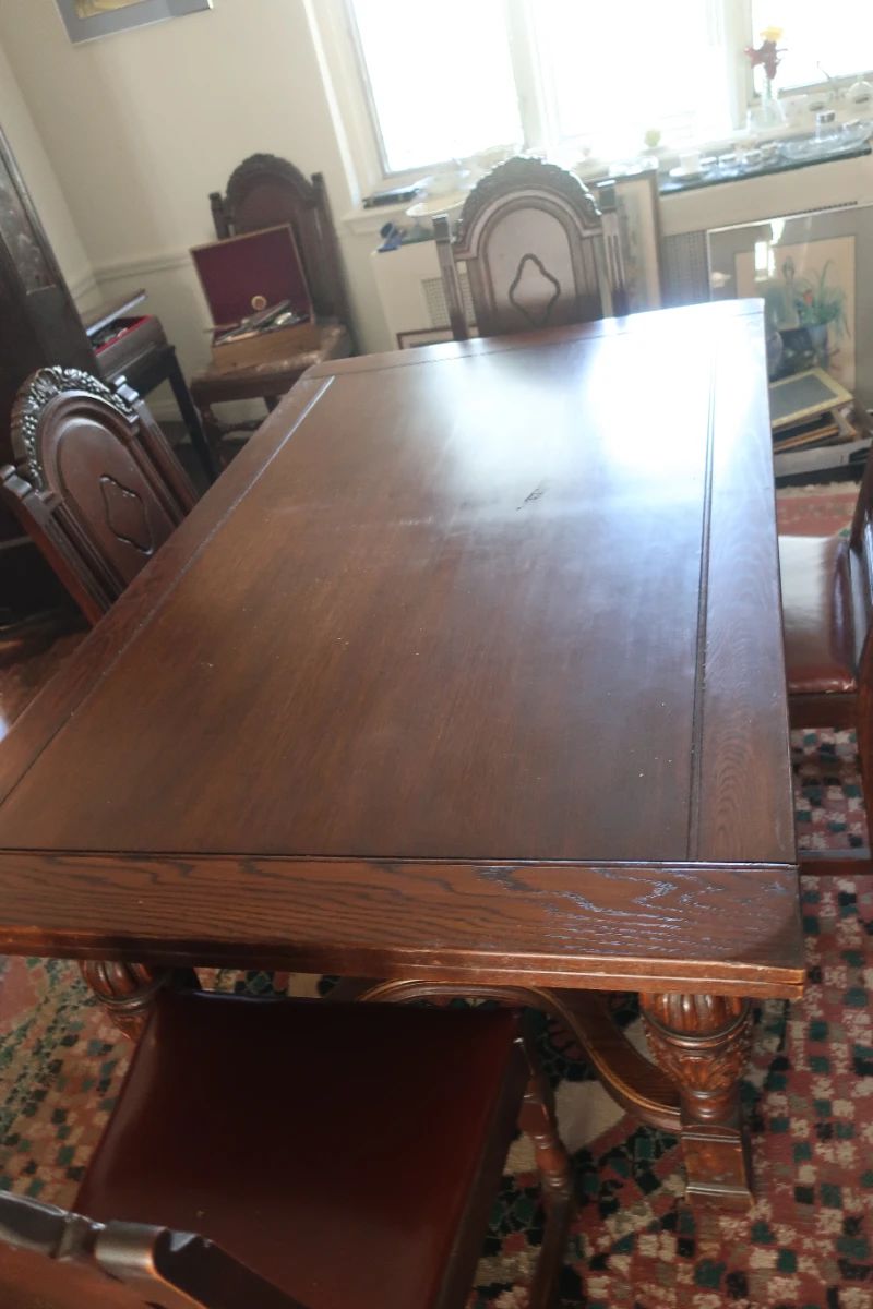 Vintage refractory table with 6 chairs 66" x 41" with two 18" leaves