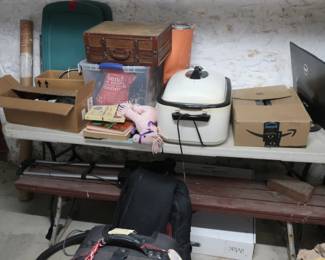 basement misc, table, picnic bench,  cooker