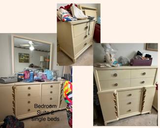 Charming vintage bedroom suite: dresser with mirror, chest of drawers, one bedside table, 2 single bed headboards and footboards