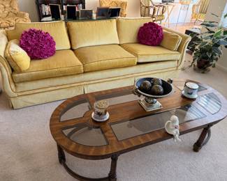 1970s Vintage gold velvet sofa; MCM oval coffee table