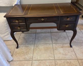 Vintage Dark Wood Desk with Leather Top and Drawers