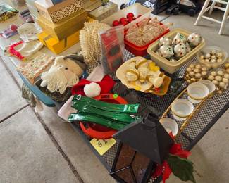 Christmas decorations, bulbs, lantern, candle holder, beads, hooks, tree stand, gift boxes
