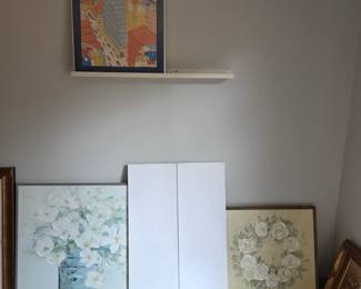 White Rose Oil Painting, White Flowers in Blue Glass Jar