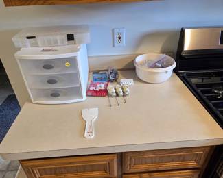 Storage Containers with drawer, light switch with plug, misc. items