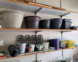 Plastic Pots, Ceramic Post, Storage Bins. Glassware,