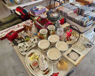 Lefton China Christmas Holly Bell Dish and Candle Holders, Pfaltzgraff Winterberrry Holiday Set, Christmas towels, ornament, tins, boxes, sign, cups, ornament hangers CDs,