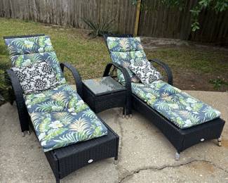 (2) Plastic Wicker Loungers & small table $250 set Lounger:24”w 78”l 21”t Table: 15”x 15” x 15”t