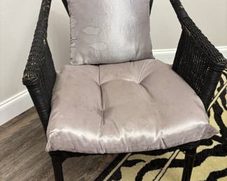 Dinning set: 4 black wicker chairs and Round glass table on metal base. $250.00 set. Tbl: 48” diameter 30” t. Chr: 23”w 17”d 30”t