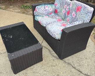 Plastic Wicker Patio Set: 2 Chairs, Loveseat, coffee table $350 set Chr: 30”w 24”d 31”t LS: 51” L 24”d 31”t CT: 35”L 19”d 13.5” t