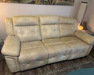 Crème pleather sofa and loveseat $450.00 set. Sofa 88”L 32”d 38”t LS: 64”L 32”d 38”t