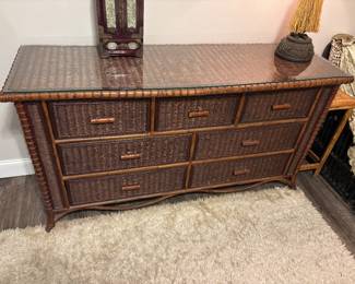 Wicker dresser w glass top $350.00 64”l 21”d 34”t