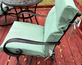 (3) Black Metal chairs w teal cushions $75 each 24”w 22”d 36”t (3) Black Round Metal tables $60 each 28” diameter 27”t