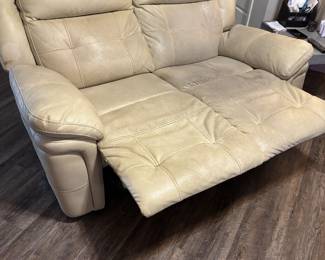 Crème pleather sofa and loveseat $450.00 set. Sofa 88”L 32”d 38”t LS: 64”L 32”d 38”t