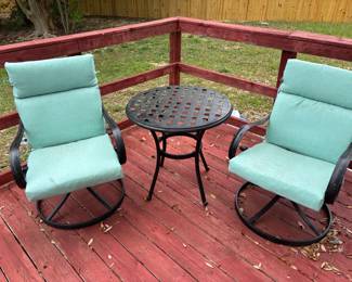 (3) Black Metal chairs w teal cushions $75 each 24”w 22”d 36”t (3) Black Round Metal tables $60 each 28” diameter 27”t