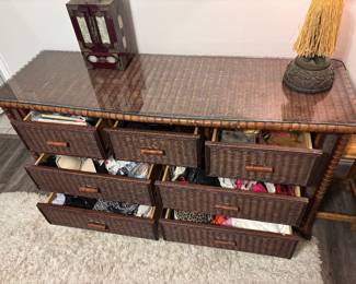 Wicker dresser w glass top $350.00 64”l 21”d 34”t