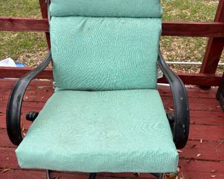 (3) Black Metal chairs w teal cushions $75 each 24”w 22”d 36”t (3) Black Round Metal tables $60 each 28” diameter 27”t