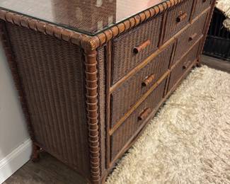 Wicker dresser w glass top $350.00 64”l 21”d 34”t