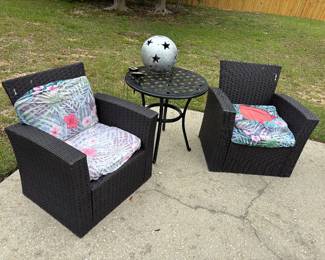 Plastic Wicker Patio Set: 2 Chairs, Loveseat, coffee table $350 set Chr: 30”w 24”d 31”t LS: 51” L 24”d 31”t CT: 35”L 19”d 13.5” t