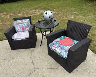 Plastic Wicker Patio Set: 2 Chairs, Loveseat, coffee table $350 set Chr: 30”w 24”d 31”t LS: 51” L 24”d 31”t CT: 35”L 19”d 13.5” t