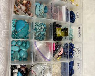 Jewelry: earrings, bracelets, necklaces. Jewelry making supplies, jewelry display pieces, semi precious stones. Some priced individually some by lots.