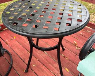 (3) Black Metal chairs w teal cushions $75 each 24”w 22”d 36”t (3) Black Round Metal tables $60 each 28” diameter 27”t