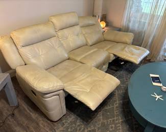 Crème pleather sofa and loveseat $450.00 set. Sofa 88”L 32”d 38”t LS: 64”L 32”d 38”t