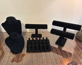 Jewelry: earrings, bracelets, necklaces. Jewelry making supplies, jewelry display pieces, semi precious stones. Some priced individually some by lots.